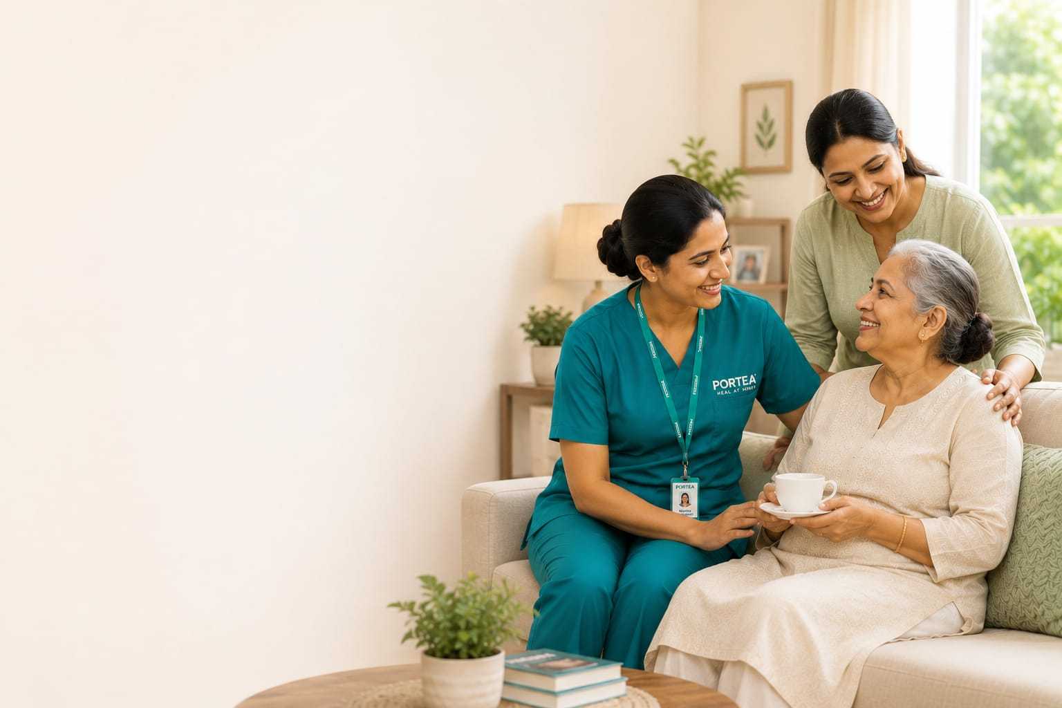 A nurse sits with an elderly patient and her daughter at home